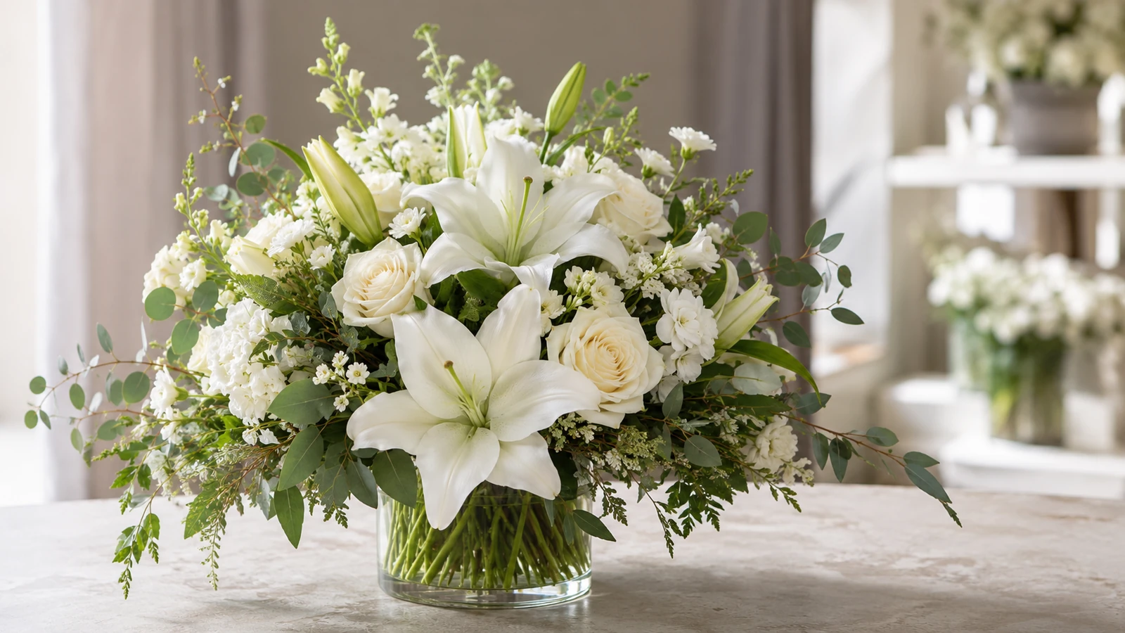 Elegant white funeral flower arrangement for Nashville service delivery by Velvet Rose