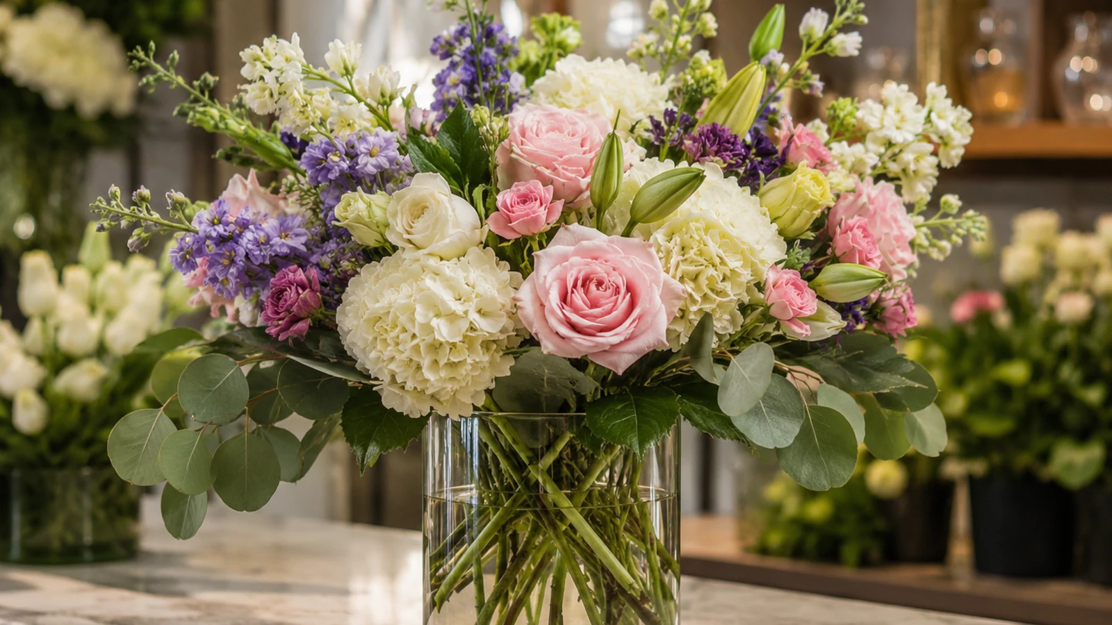 Elegant fresh flower arrangement prepared for Nashville hotel guest delivery by Velvet Rose