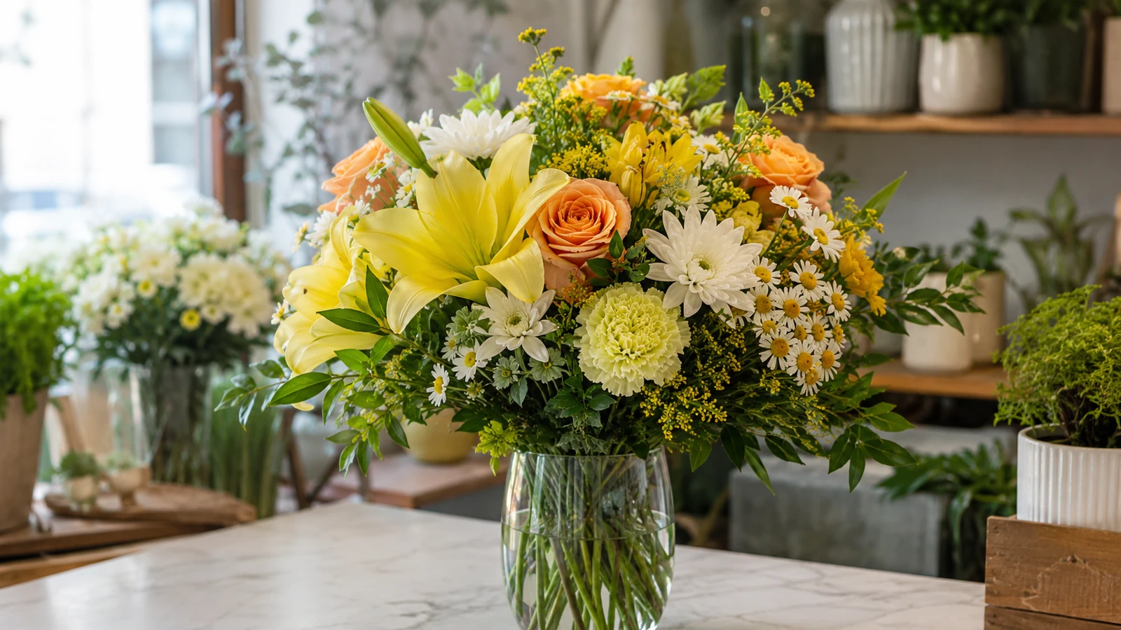 Fresh bouquet in a clean vase with simple flower care tools nearby