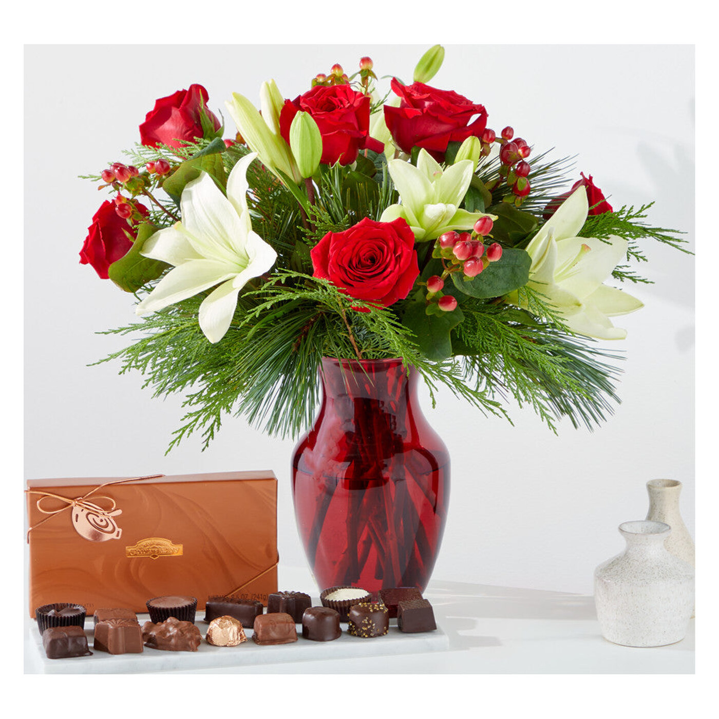 Evergreen Delight Bouquet and Chocolate Gift Set arrangement option 4